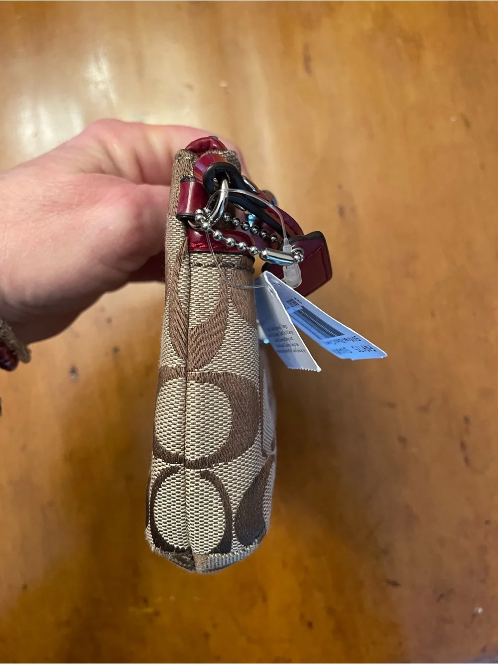 Coach-NWT-Signature Canvas Wristlet in Khaki/Chalk with Ruby Trim